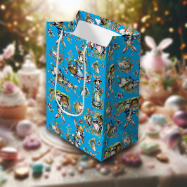 Sacola Para Presentes Média Coelhinho de Páscoa em Aquarela Azul Ovos & Flores