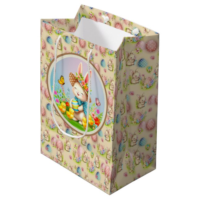 Sacola Para Presentes Média Coelhinho de Páscoa Fofo e Flores Felizes de Prima (Frente inclinada)