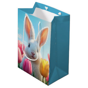 Sacola Para Presentes Média Coelhinho de Páscoa num Jardim de Tulipas