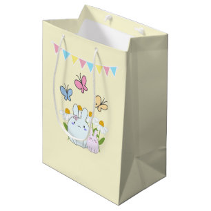 Sacola Para Presentes Média Coelhinhos bonitos com margaridas Primavera e borb