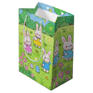 Sacola Para Presentes Média Coelhinhos da Páscoa escondendo ovos em um jardim