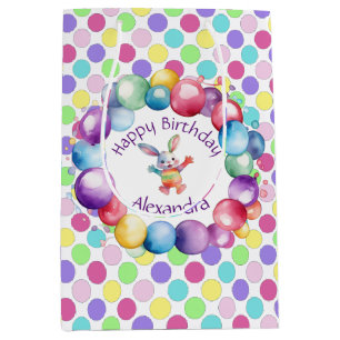 Sacola Para Presentes Média Coelhinhos e Bolinhas de Cores Aquáticas, Cuja Cor