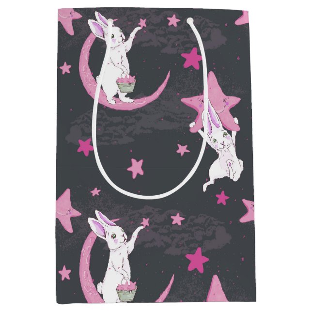 Sacola Para Presentes Média Coelhinhos e Estrelas Rosa (Frente)