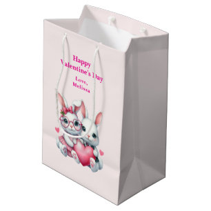 Sacola Para Presentes Média Coelhinhos Fofos Compartilhando um Coração de Dia