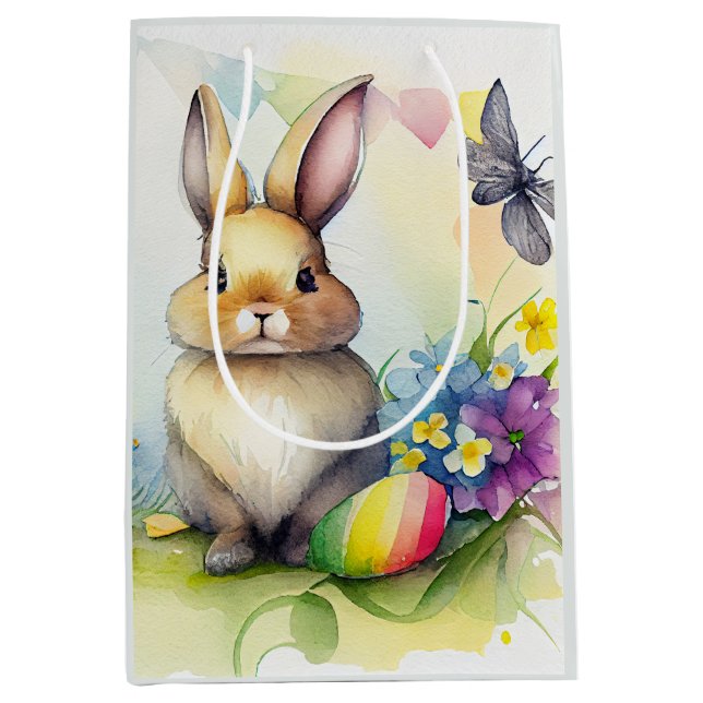 Sacola Para Presentes Média Coelho de Páscoa com Aquarela com ovos de Páscoa (Frente)