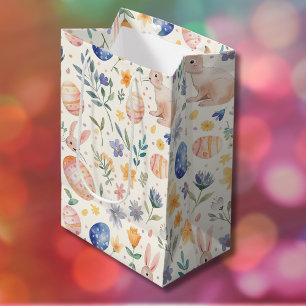 Sacola Para Presentes Média Coelho Flores Ovos Pastel Aquarela Atemporal