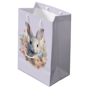 Sacola Para Presentes Média Coelho Rodeado por Flores Pastel Cute