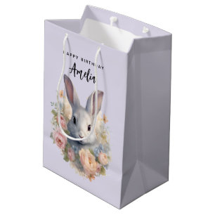 Sacola Para Presentes Média Coelho Rodeado por Flores Pastel Cute Aniversário