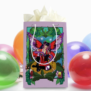 Sacola Para Presentes Média Cogumelos vermelhos roxos e fadas