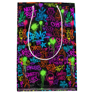 Sacola Para Presentes Média Colagem de Arte de Rua com Grafite Neon