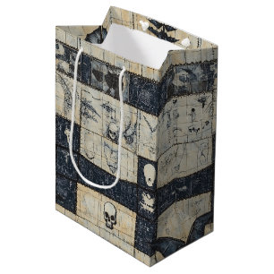Sacola Para Presentes Média Colagem de Crânio Gótico & Denim de Morcego