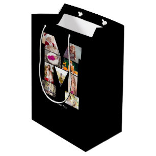 Sacola Para Presentes Média Colagem de Fotos com Letra M em Preto e Branco