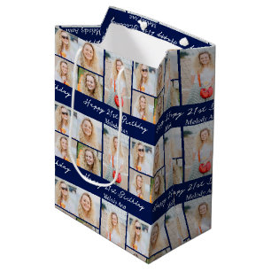 Sacola Para Presentes Média Colagem de Fotos de Aniversário Azul Marinho Chic