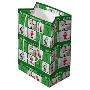 Sacola Para Presentes Média Colagem de Fotos de Aniversário Verde Personalizad