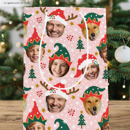 Sacola Para Presentes Média Colagem de Fotos de Natal Rosto Engraçado Festivo 