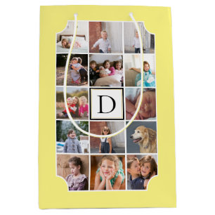 Sacola Para Presentes Média Colagem de fotos monograma cantos curvos amarelo c