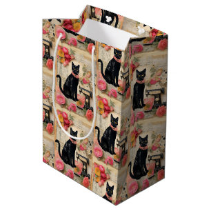 Sacola Para Presentes Média Colagem do colar Cor-de-Rosa de Gato Preto