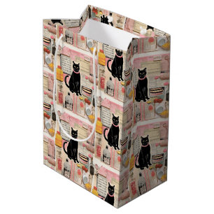 Sacola Para Presentes Média Colagem do colar Cor-de-Rosa de Gato Preto