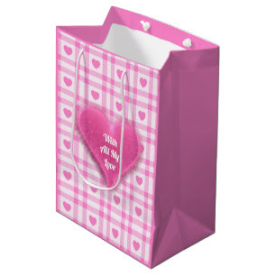 Sacola Para Presentes Média Coleção de Coração Rosa Moderno da xadrez