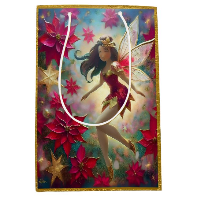 Sacola Para Presentes Média Coleção de Fadas de Natal - Cabelo Marrom Médio (Frente)