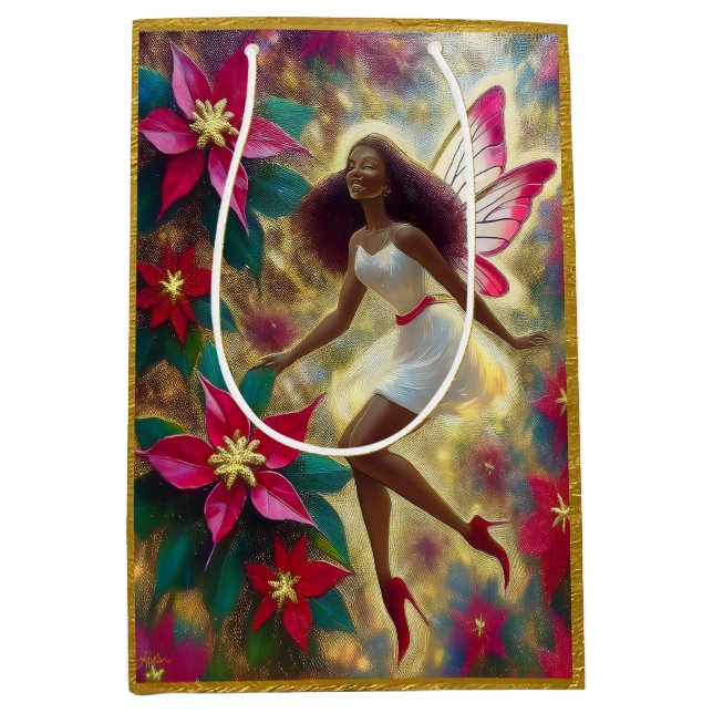 Sacola Para Presentes Média Coleção de Fadas de Natal - Cabelo Natural de Aubu (Frente)