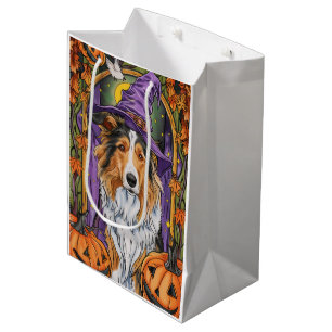 Sacola Para Presentes Média Collie Dog Halloween Pumpkin