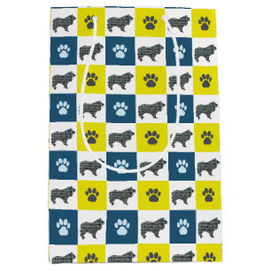 Sacola Para Presentes Média Collie Dog & Paw Yellow and Blue Grid Lines