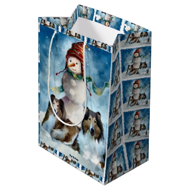 Sacola Para Presentes Média Collies e Papai Noel Natal (Verso inclinado)