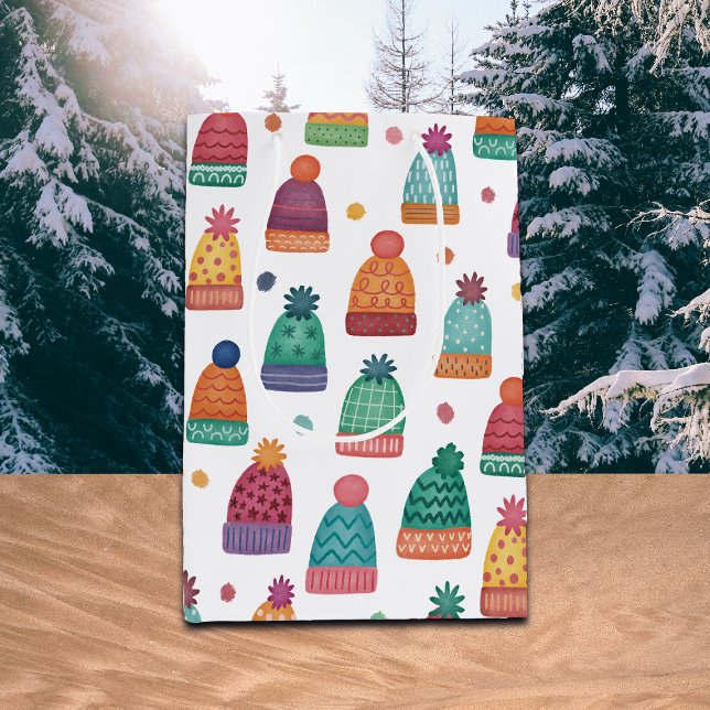 Sacola Para Presentes Média Colorful Woolly Hats Winter (Criador carregado)