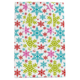 Sacola Para Presentes Média Colorido Natal com Flocos de Neve Retro