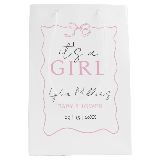 Sacola Para Presentes Média Convite de Chuvada de Bebê com Laço Rosa, Chuvada  (Frente)