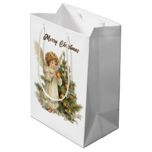 Sacola Para Presentes Média Cor da água do Natal Festiva Anjo adicionar texto