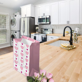 Sacola Para Presentes Média Cor de rosa e branco simétrico, com coração