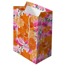 Sacola Para Presentes Média Cor Floral Laranja Cor-de-Rosa Brilhante e Nome Mo