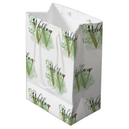 Sacola Para Presentes Média Cor Verde Personalizada e Floral Inicial