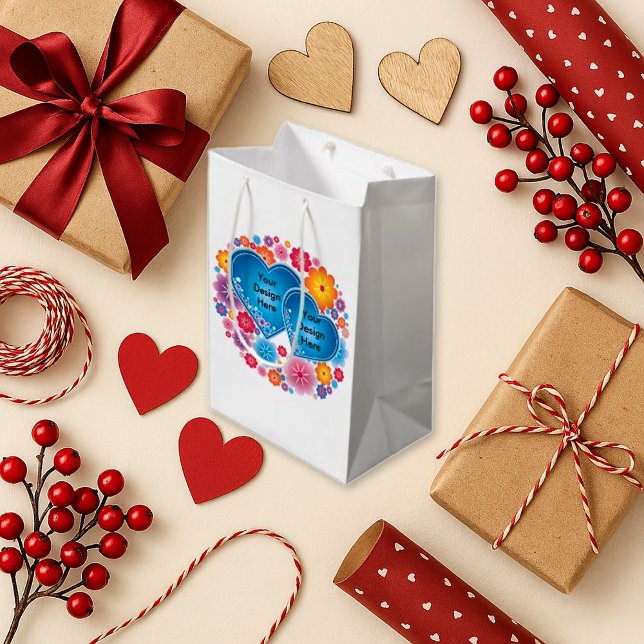 Sacola Para Presentes Média Coração Azul Floral Branco Romântico (Criador carregado)