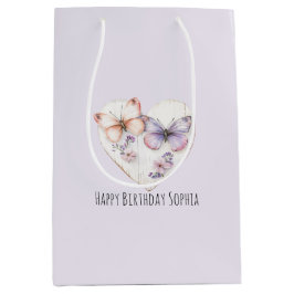 Sacola Para Presentes Média Coração Floral de Lavanda Rosa Borboletas Aniversá