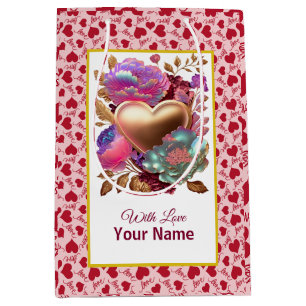 Sacola Para Presentes Média Coração Floral Romântico e Dourado