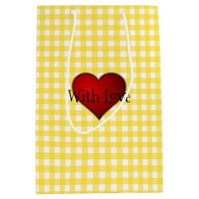 Sacola Para Presentes Média Coração Vermelho Amarelo Gingham Com Amor (Frente)
