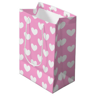 Sacola Para Presentes Média Corações brancos de polca no algodão doce rosa