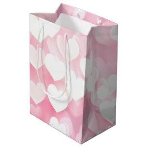 Sacola Para Presentes Média Corações De Bokeh Rosa E Branco