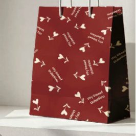Sacola Para Presentes Média Corações em Script Creme sobre Burgundy– padrão de