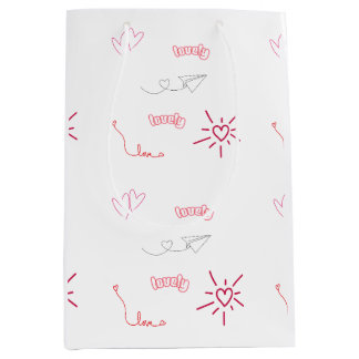 Sacola Para Presentes Média Corações Rosa Fofo e Desenhos de Amor Padrão Sem C