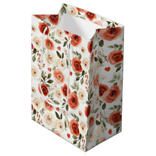 Sacola Para Presentes Média Corações Vermelhos Creme e Flores Chá de Noiva