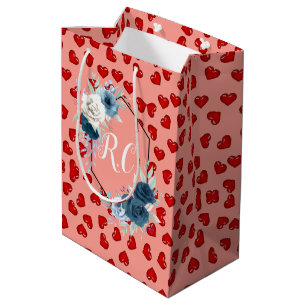 Sacola Para Presentes Média Corações vermelhos exclusivos em rosa e padrão Per