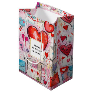 Sacola Para Presentes Média Corações Whimsical e Letras de Amor Padrão Anivers