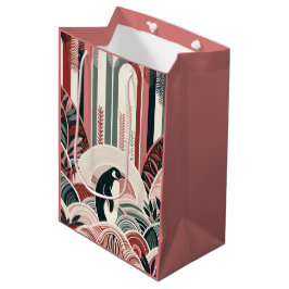 Sacola Para Presentes Média Coral Rosa Creme Arte Deco Natureza Floral Pinguim
