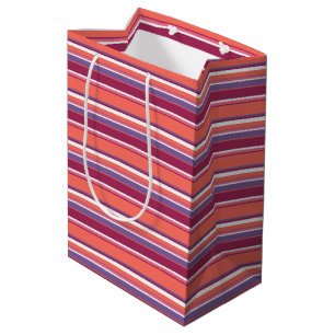 Sacola Para Presentes Média Coral vivo, listras vermelhas e violetas