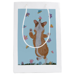 Sacola Para Presentes Média Corgi Dançando com Borboletas