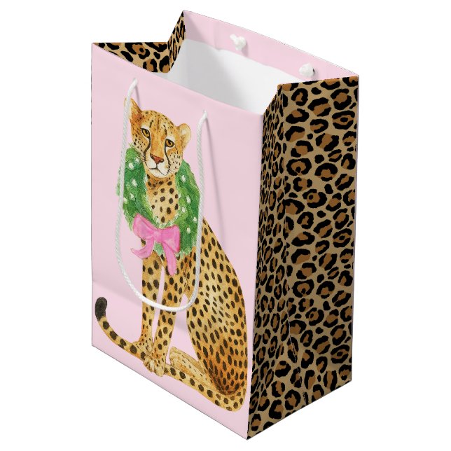 Sacola Para Presentes Média Coroa de Natal Leopardo  (Frente inclinada)